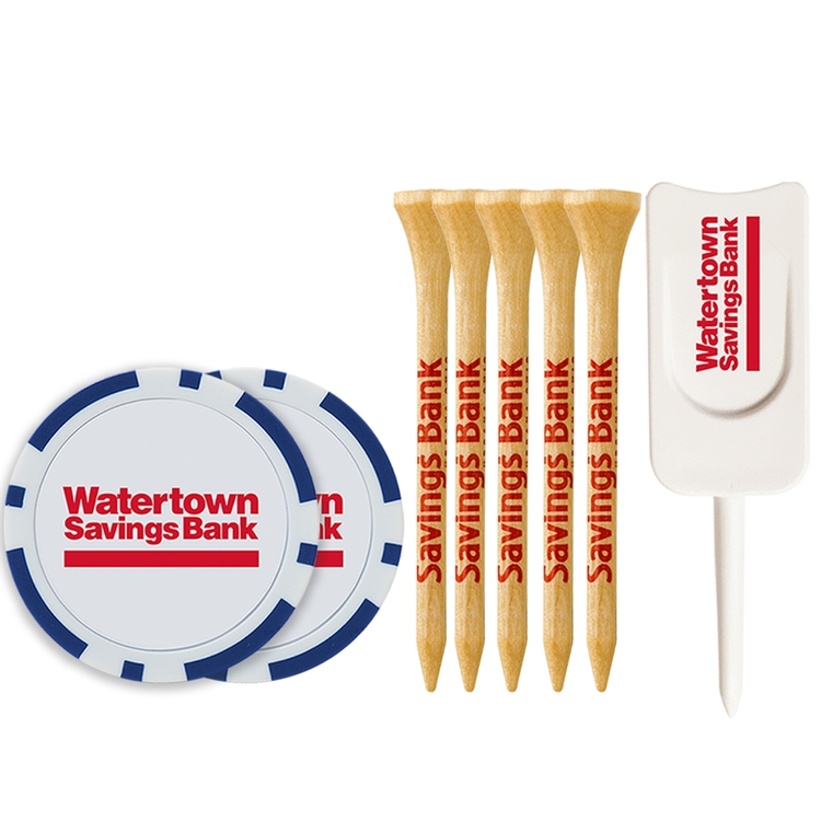 5 Wood Tees 2 3/4", 2 Poker Chips, Single Prong Plastic