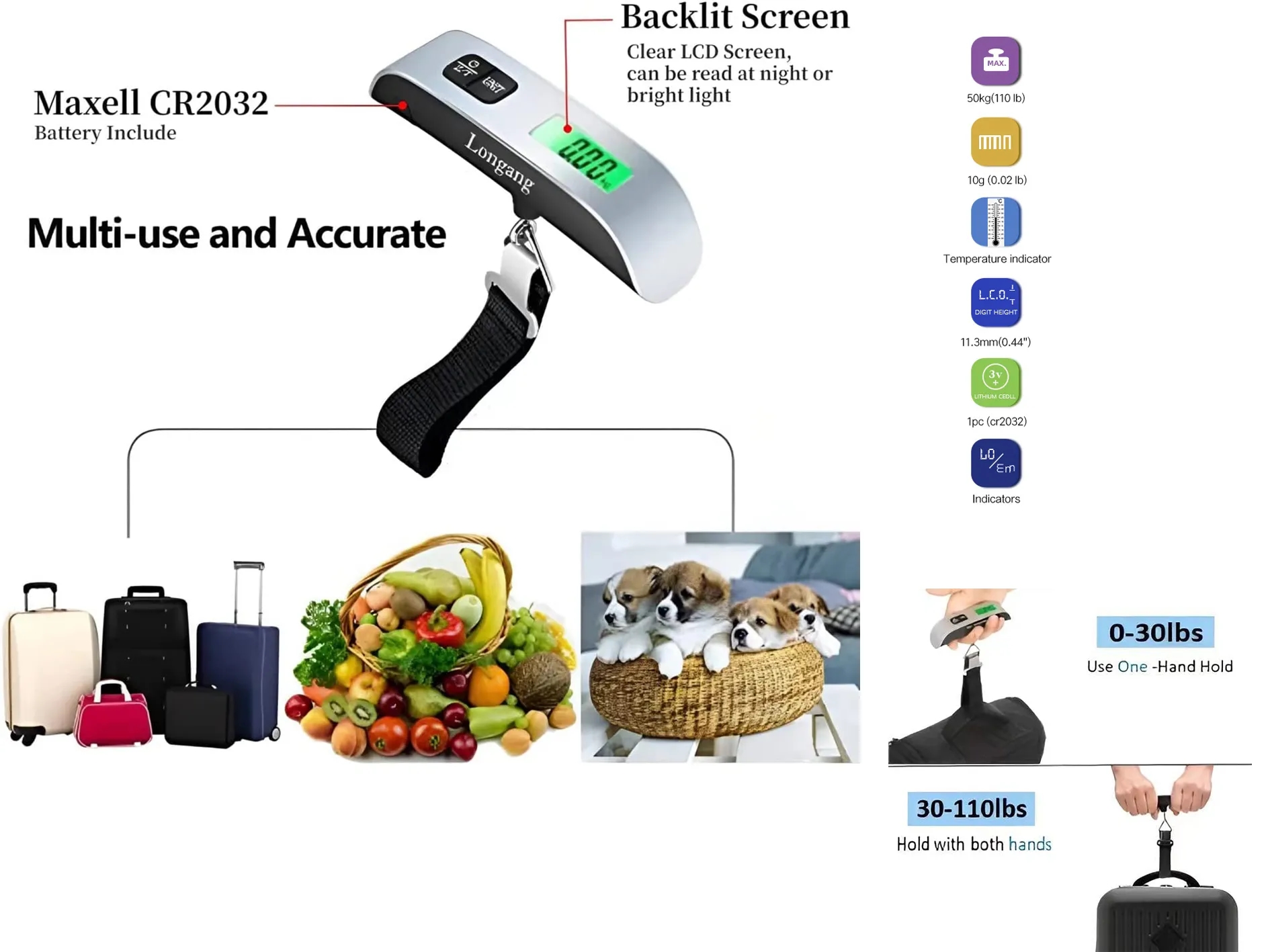 110 Pounds Digital Hanging Luggage Scale With Backlit 1