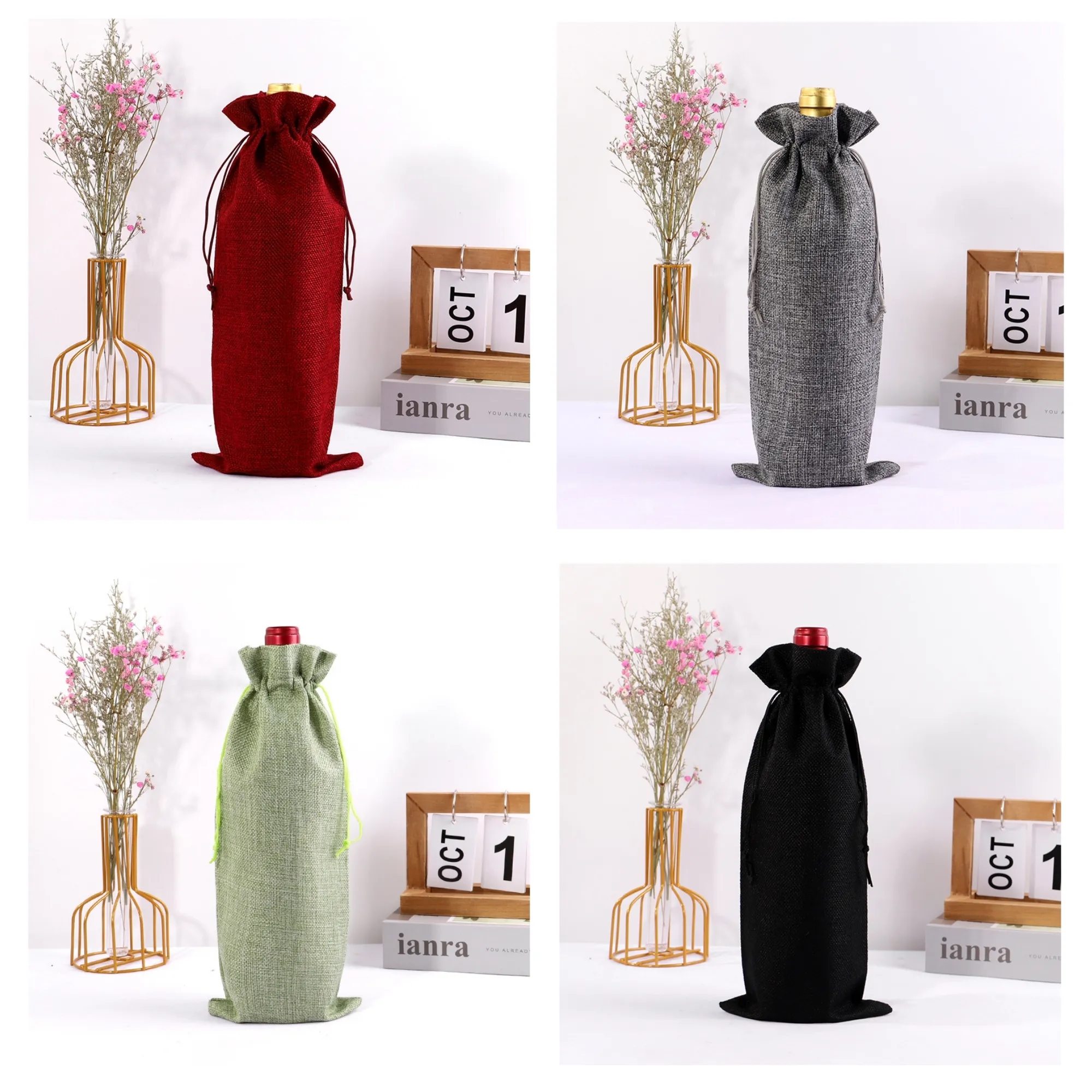 Full Color Drawstring Linen Wine Bottle Bag 3