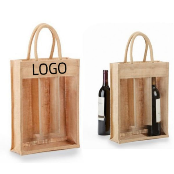 Clear Front Jute Triple Bottle Wine Bag 2