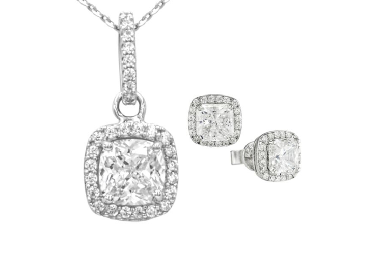 Antwerp Beautiful Sterling Silver CZ Cushion Halo Earrings and Necklace Set 1