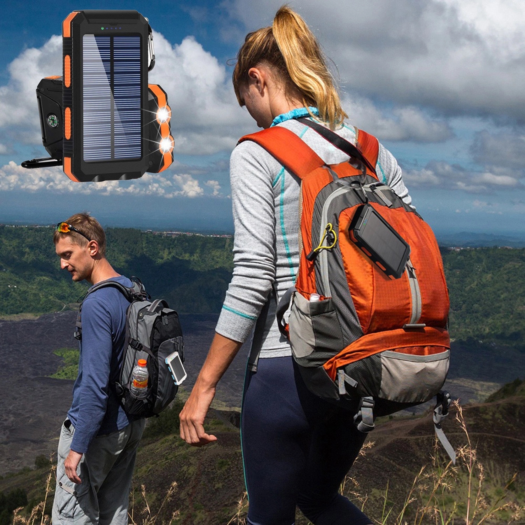 Waterproof Solar Charger w/ 2USB Port & LED Lights & Compass 6