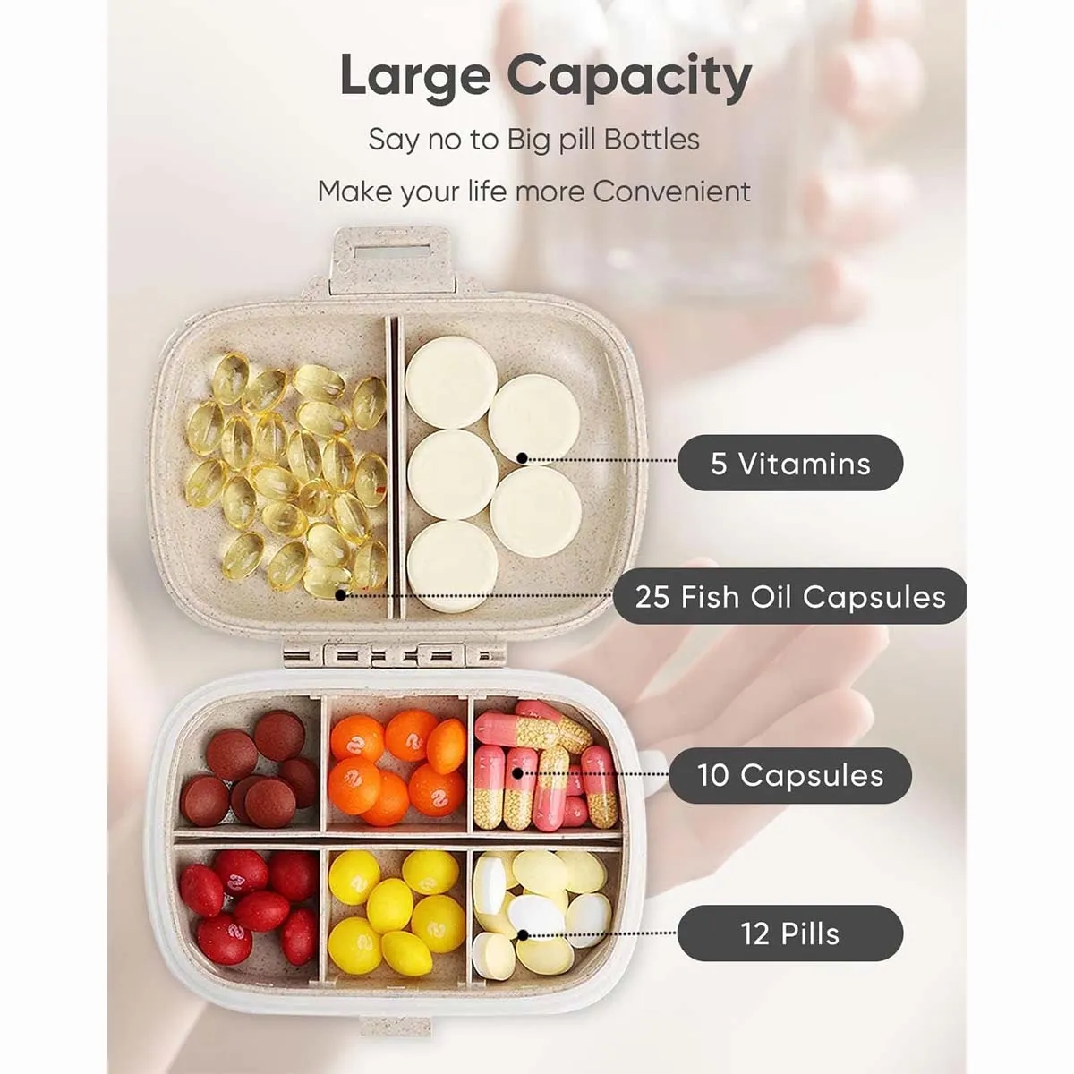 8 Compartments Wheat Straw Portable Daily Pill Organizer 5