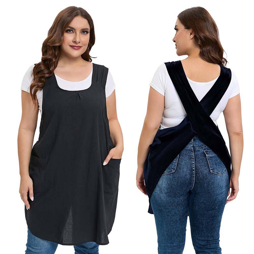 Linen Cotton Apron Cross-Back Straps Dual Pockets 3