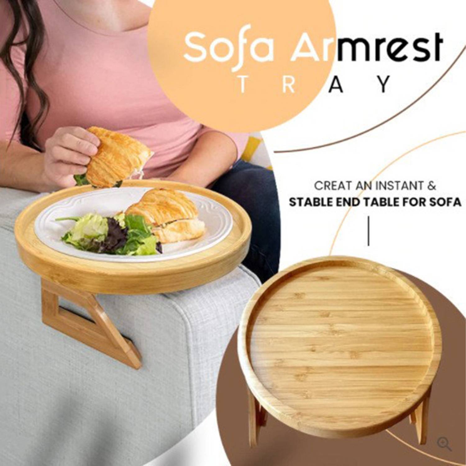 Foldable Wooden Circular Sofa Armrest Fruit tray 4