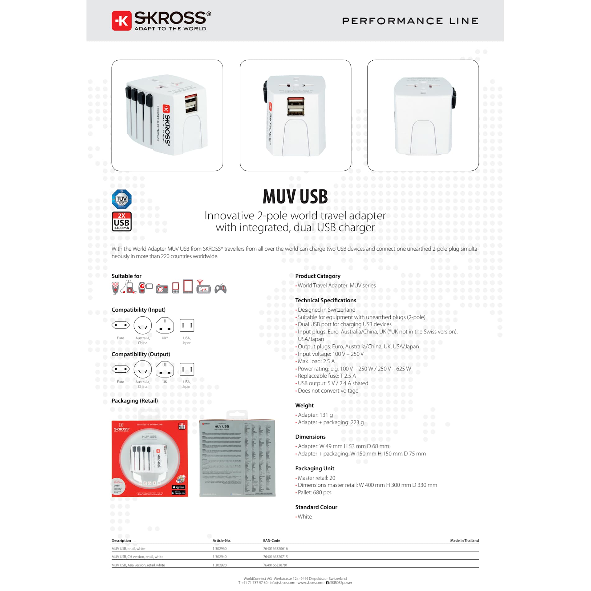 SKROSS World Travel Adapter MUV USB Type A & Type 38