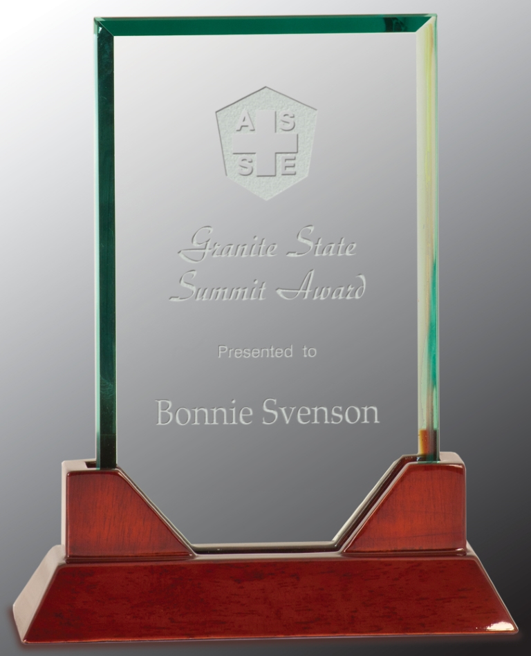 8 3/4" Rectangle Prestige Glass Award with Rosewood Piano Finish Base