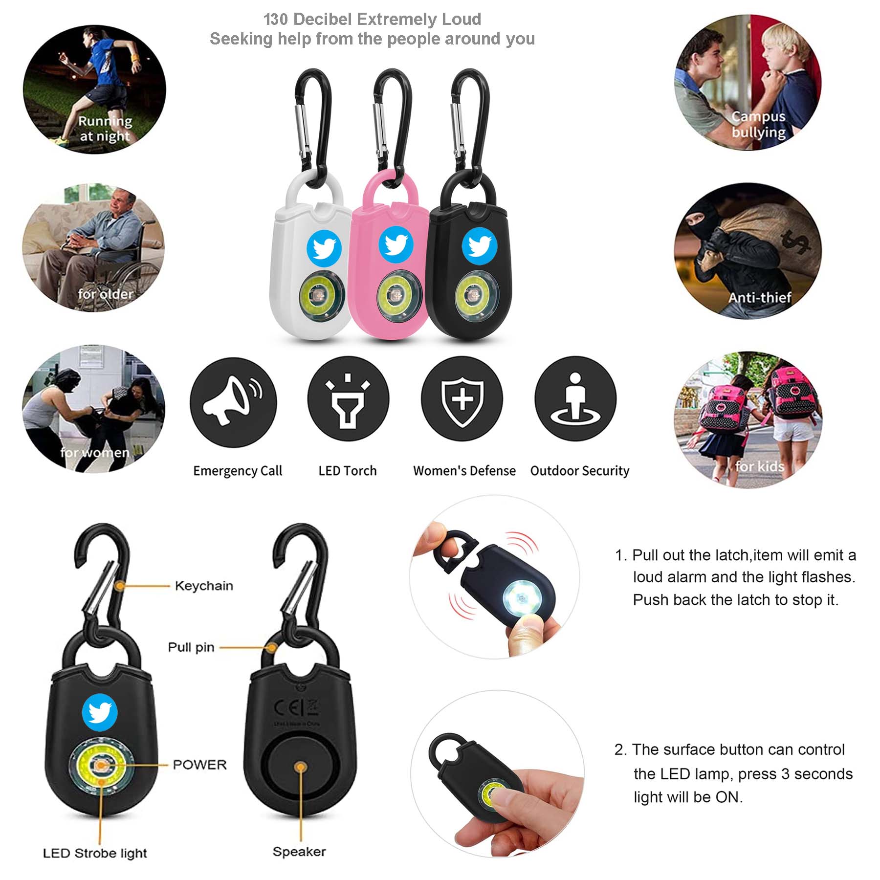 iBank ® Self Defense Alarm Keychain with SOS LED Light 1