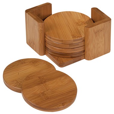 Round Bamboo 6pc Coaster Set with Holder 2