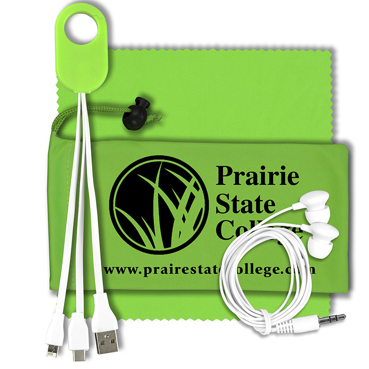 Mobile Tech Charging Kit with Earbuds in Microfiber Cinch Pouch Components inserted into Microfiber 8