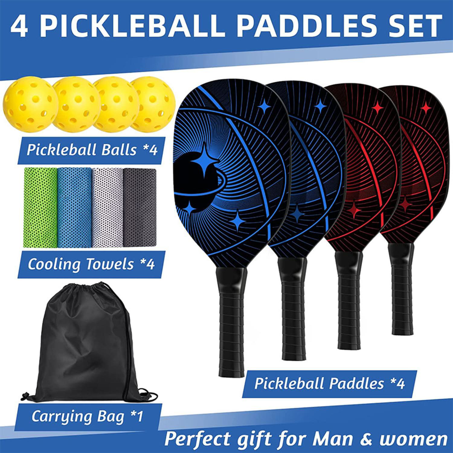 Wooden Pickleball Racket Paddle & Ball Set w/ Drawstring Bag 8