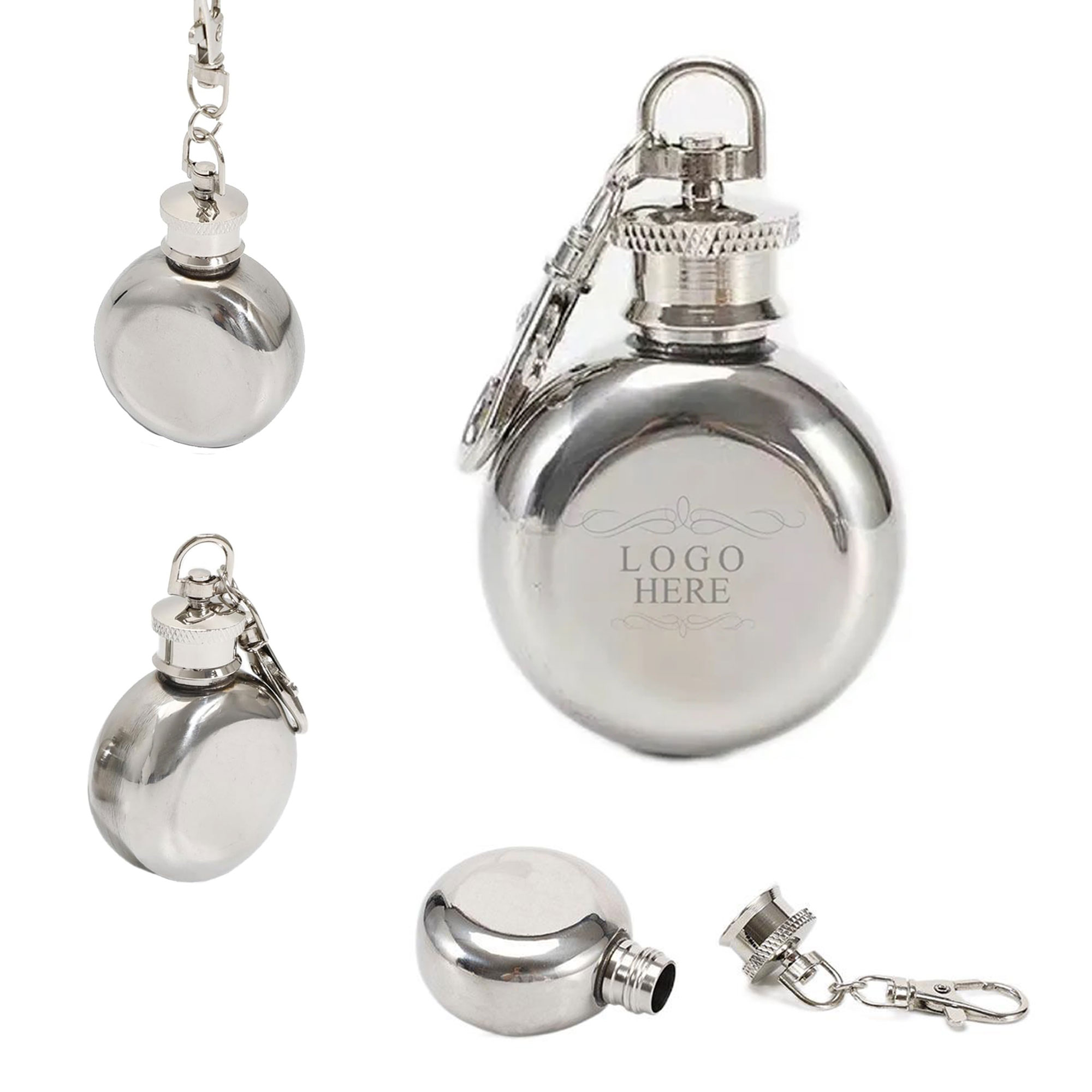 Mini Stainless Steel Round Hip Flask Keychain 1oz 3