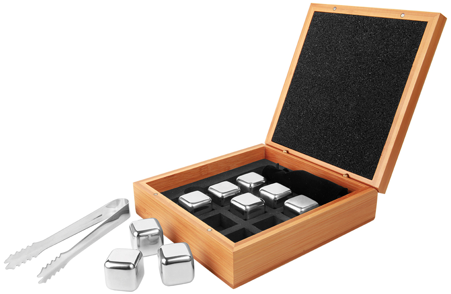 6 1/4" x 6 3/4" Stainless Steel Whiskey Stone Set in Bamboo Case 1