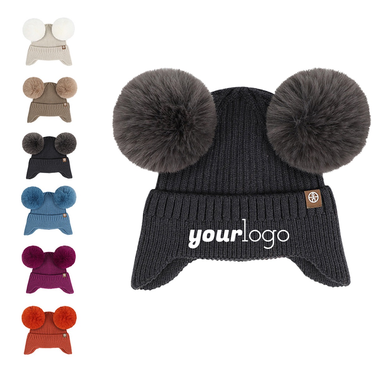 Double Pom Pom Earflap Winter Beanie for Kids, custom youth shirt with logo imprint 3