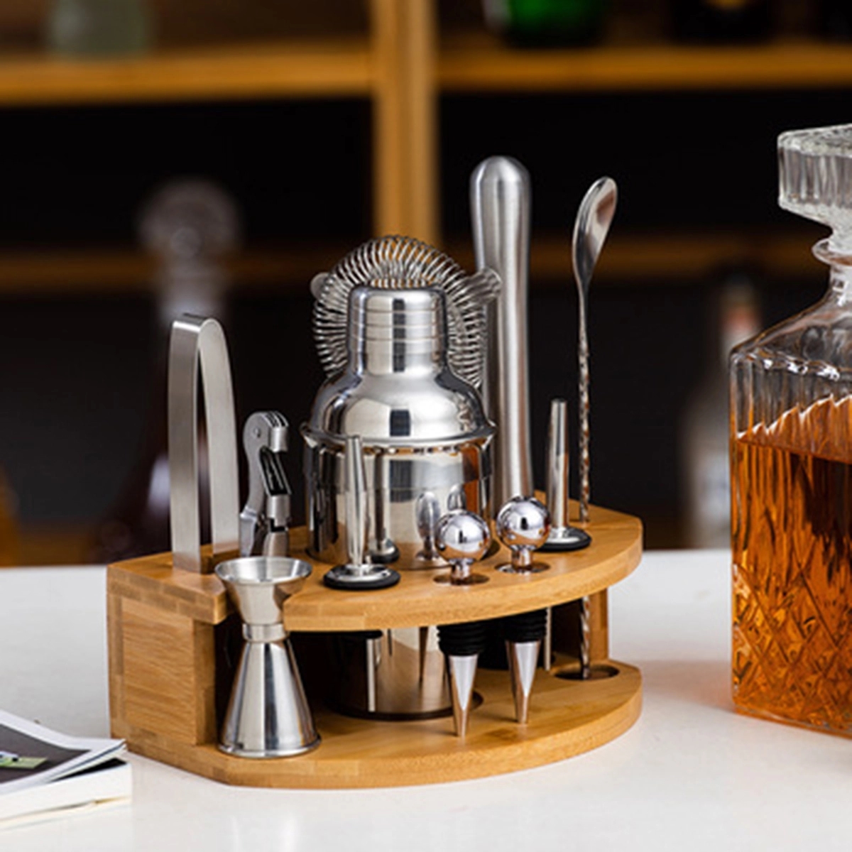 Cocktail Shaker Making Set Semicircle Eco Bamboo Stand 7