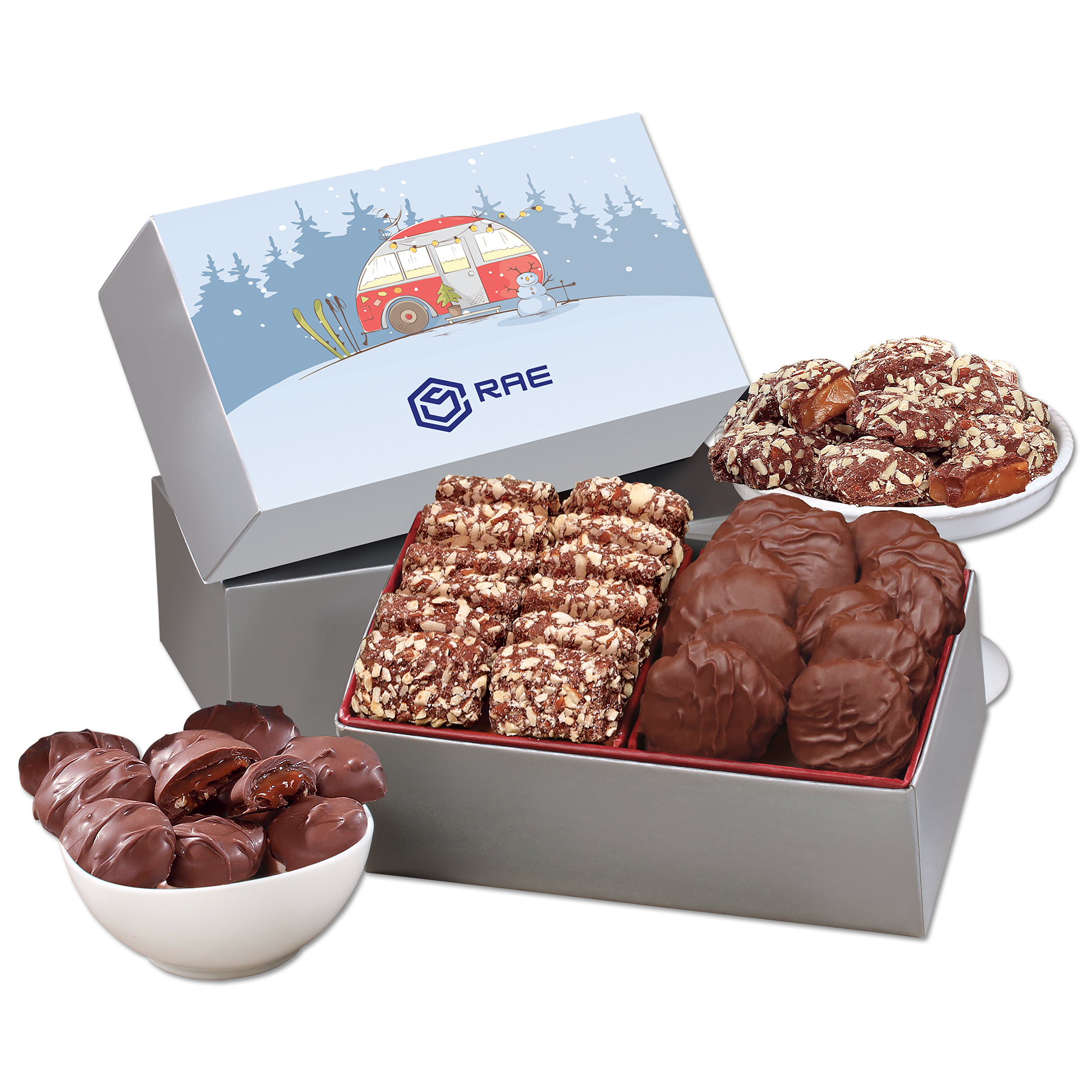 Toffee & Pecan Clusters in Gift Box with Winter Camper Sleeve 1