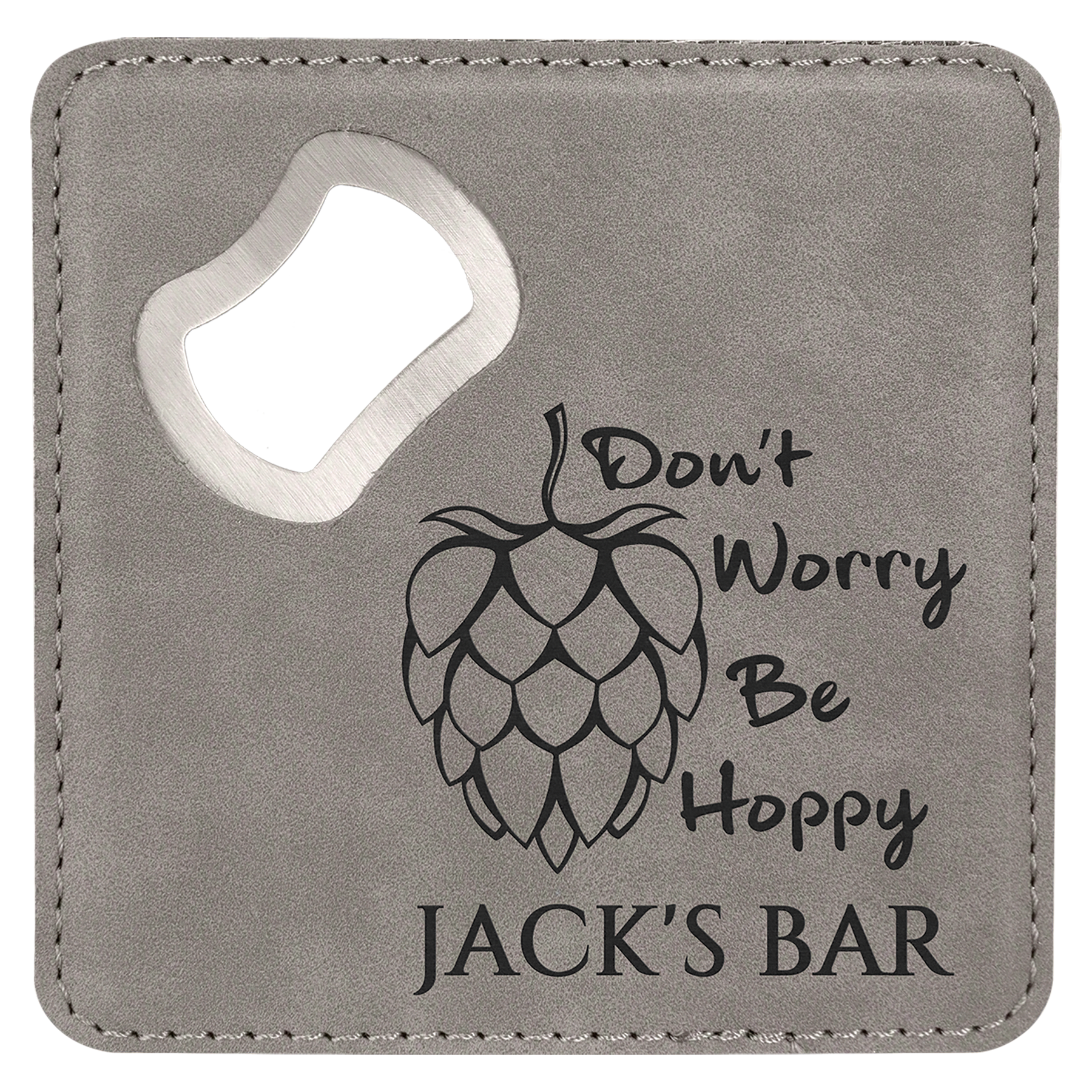 4" x 4" Square Gray Leatherette Coaster w/ Bottle Opener