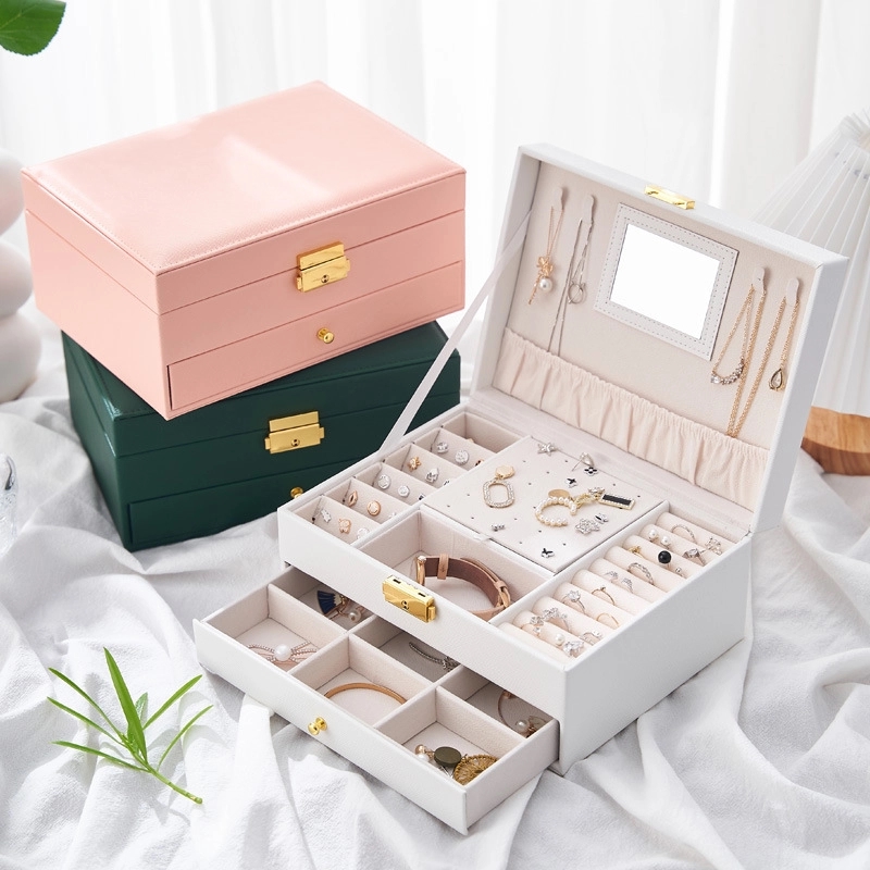 Custom 2-Layer PU Jewelry Organizer Box with Drawer & Mirror 4