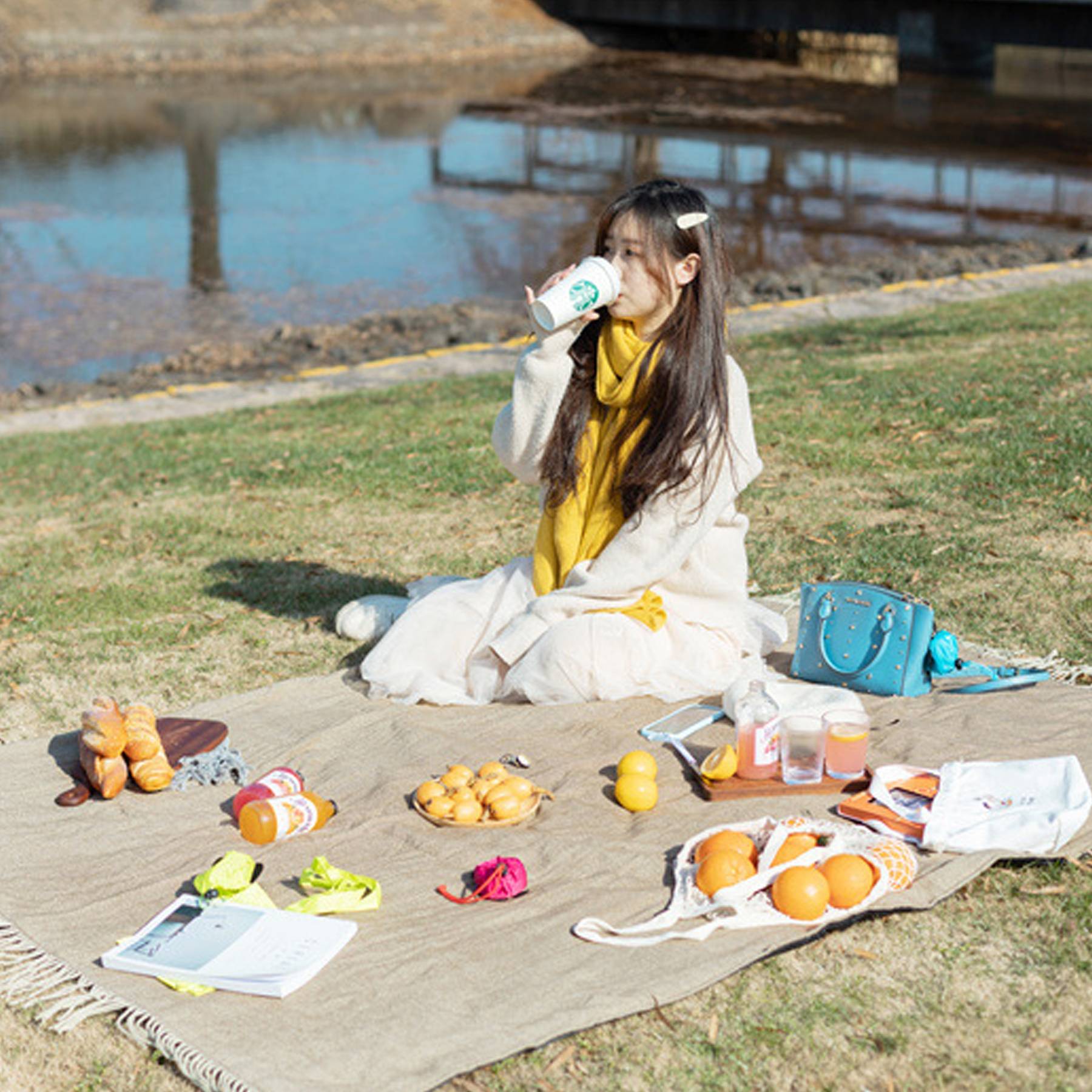 Portable picnic blanket with leather handle and tassel 5