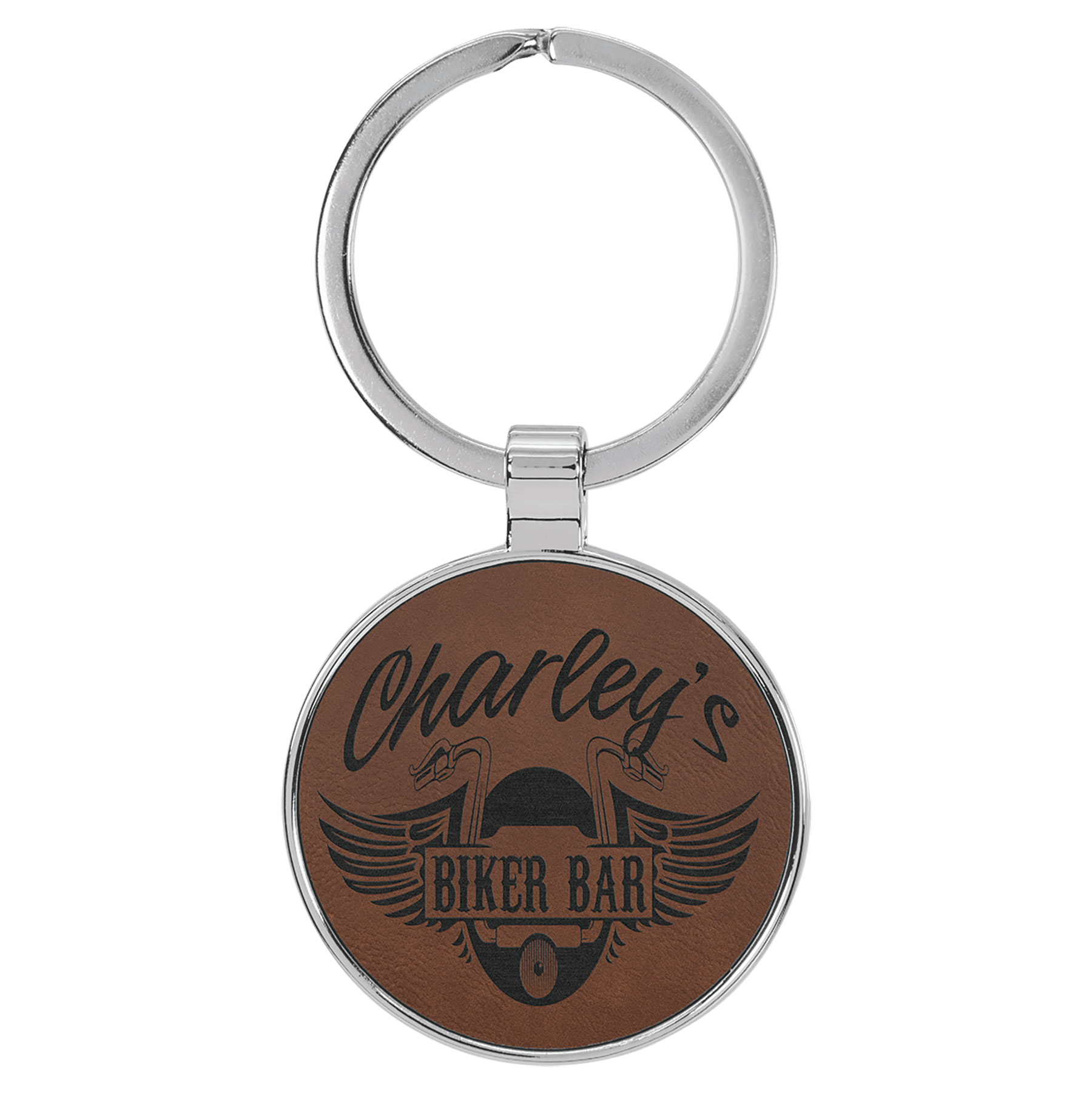 Dark Brown Leatherette/Metal Round Keychain