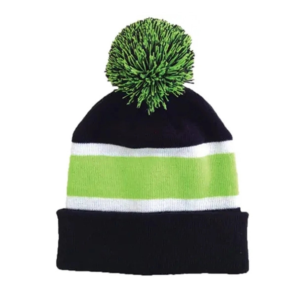 Three Tone Knit Beanie with Pom Ball 15