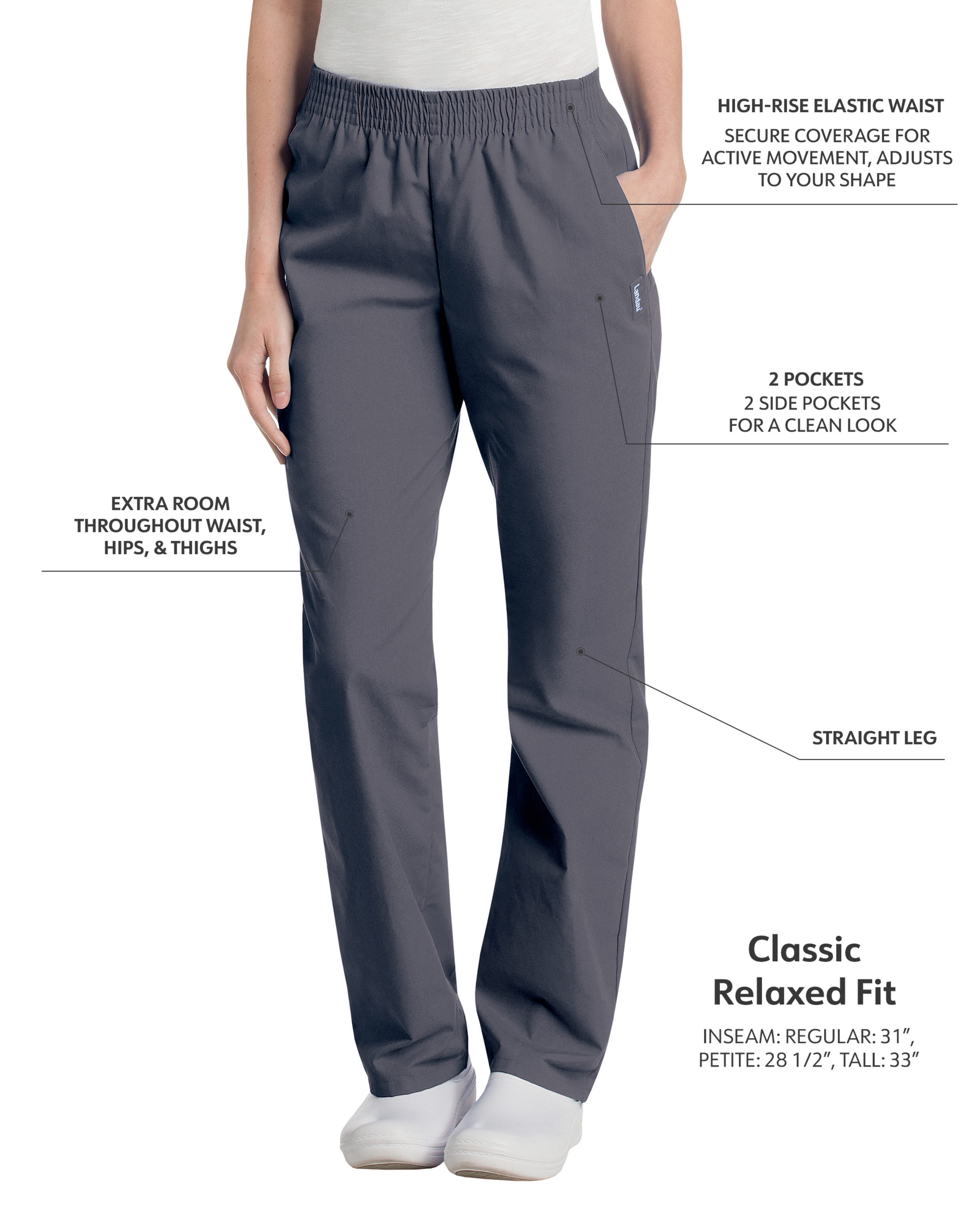 Landau - Essentials - Women's Two-Pocket High-Rise Elastic Waist Straight Leg Pant 40
