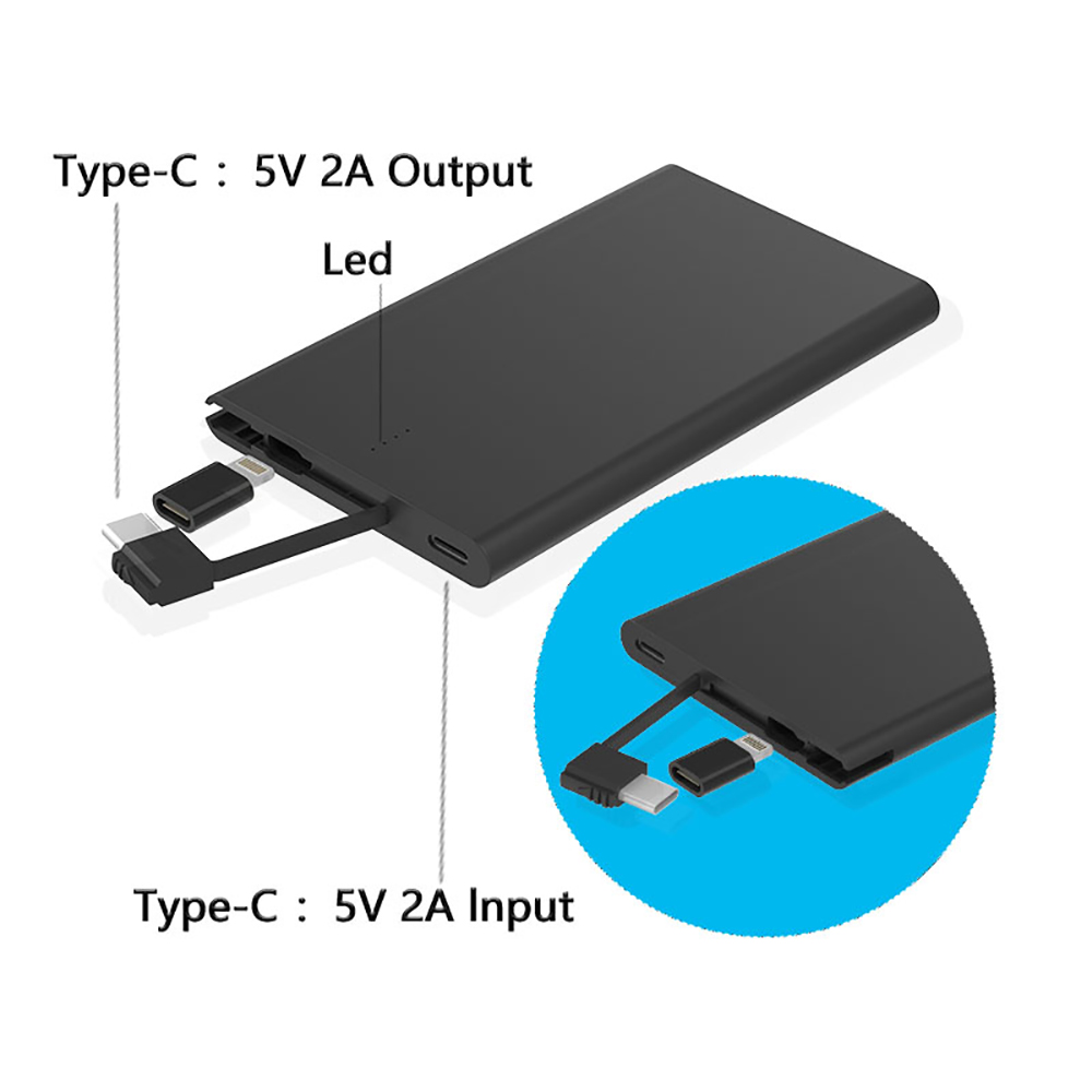4000mAh Credit Card Power Bank with Built-In Type-C & 8-Pin Adapters for iPhone 3