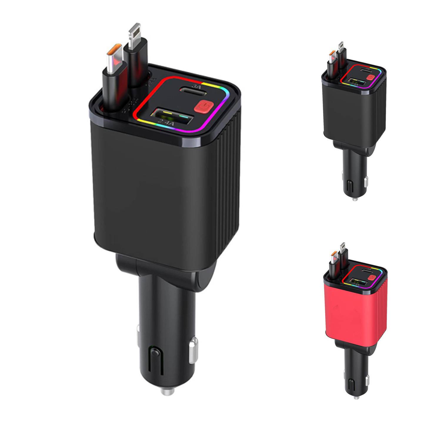 4 in 1 Retractable Car Charger w LED Light 4