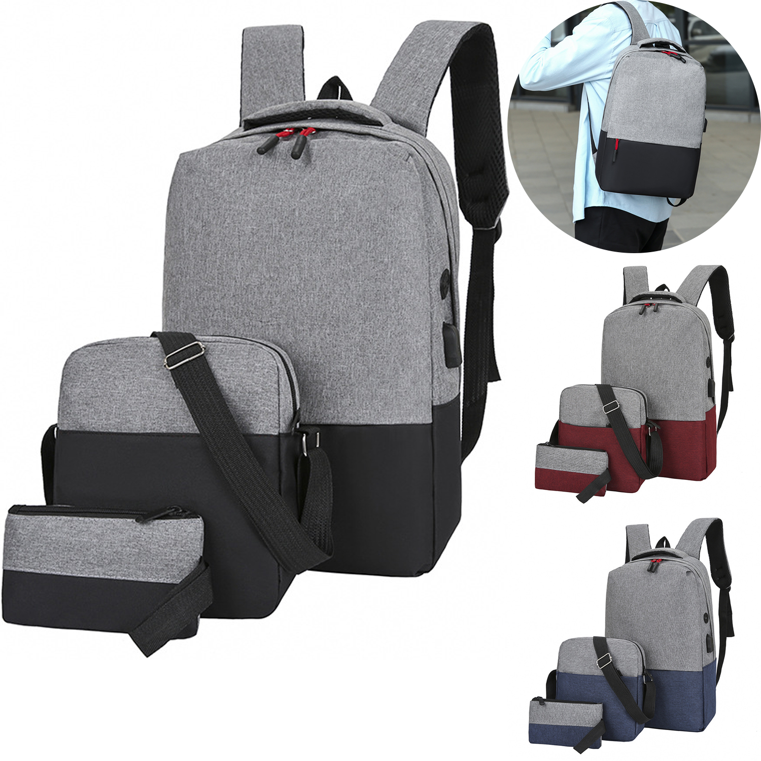 3pcs Nylon Large Capacity Laptop Backpack Set 5