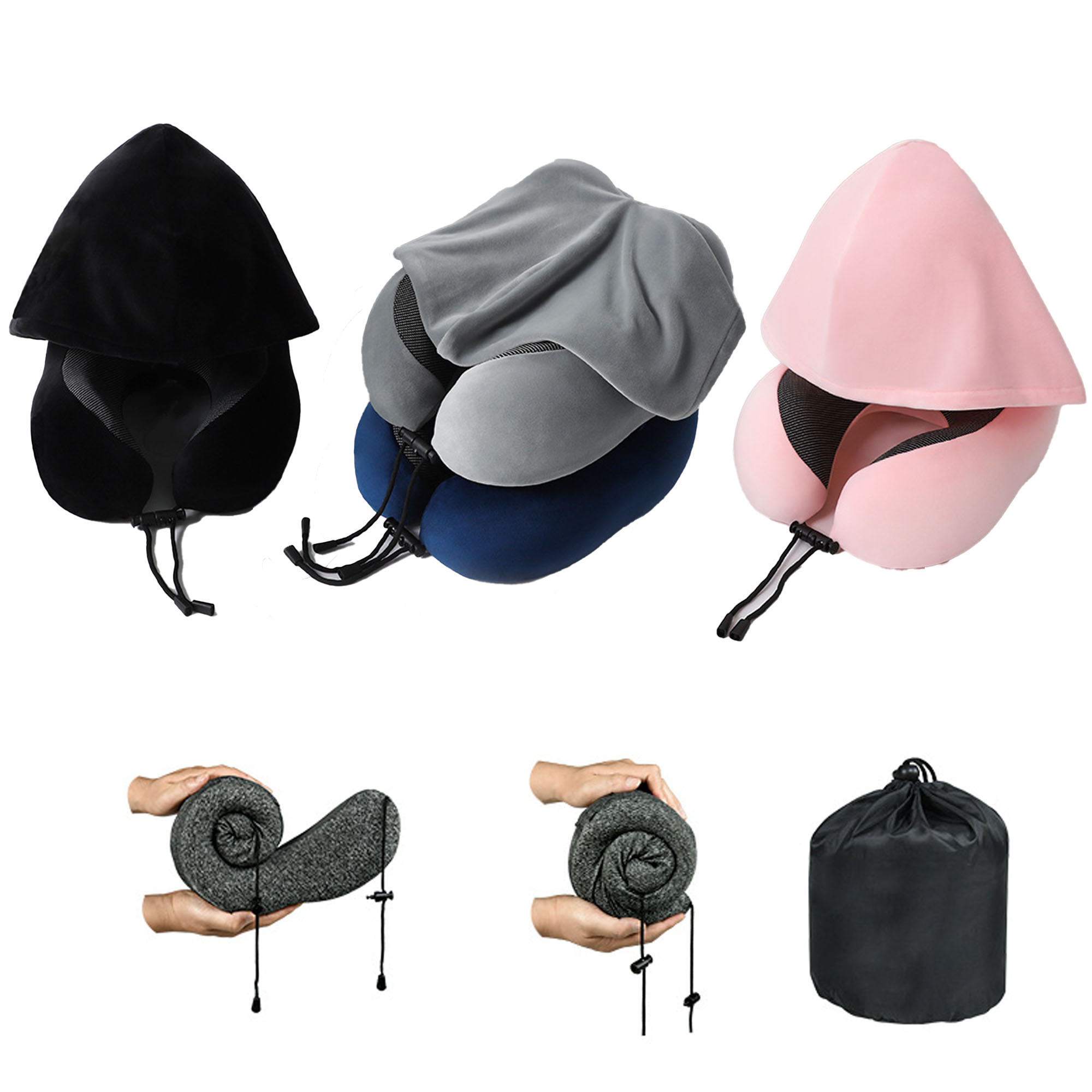 Custom Logo Hooded U Shape Neck Pillow With Carry Bag 5