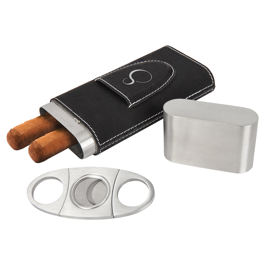 Black/Silver Leatherette Cigar Case with Cutter 2