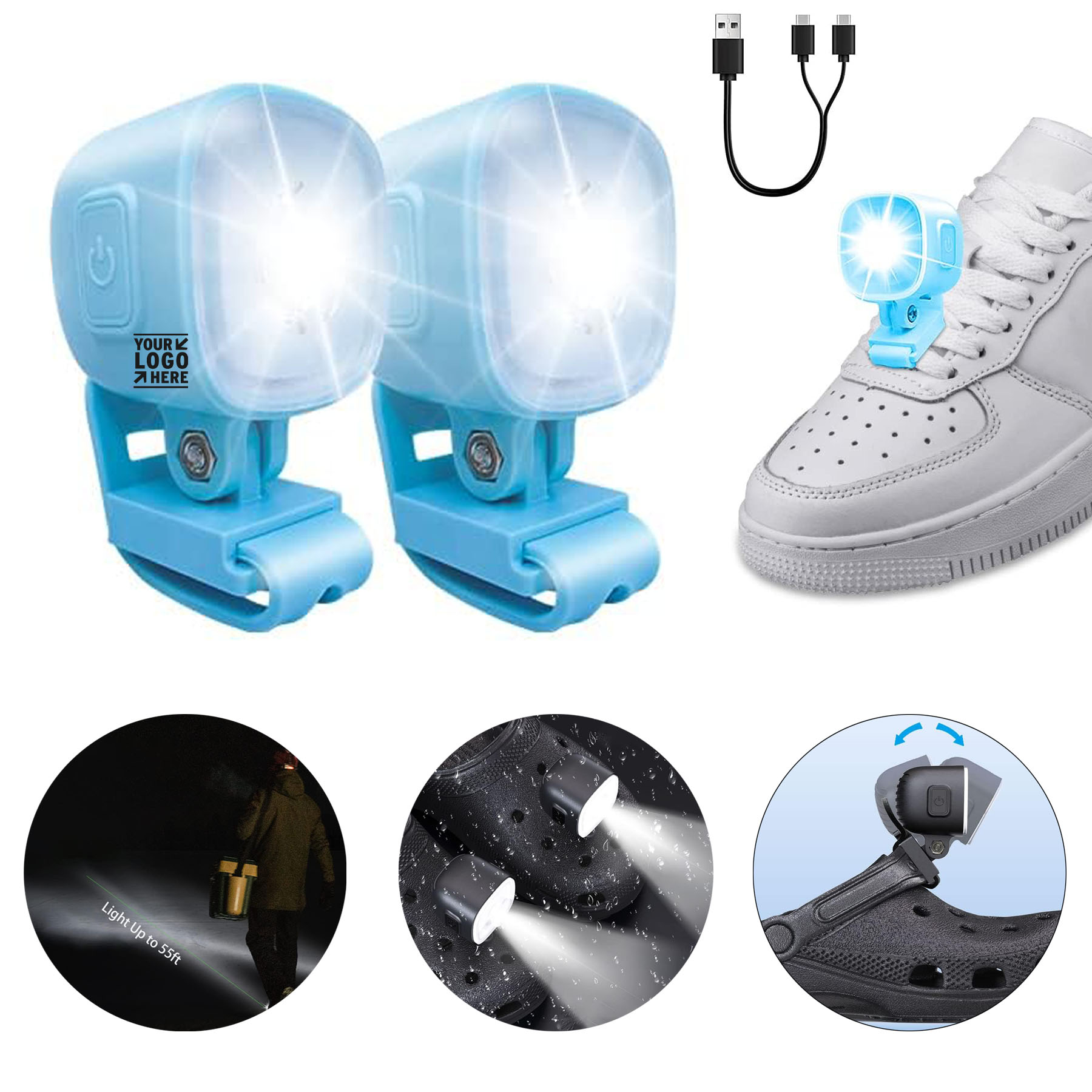 2Pcs 4 Light Modes Generic Rechargeable Running Camping Croc Headlights Shoes