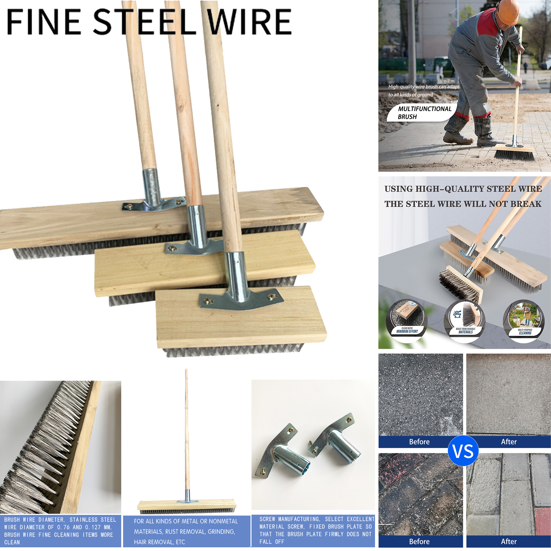 7 7/8" Stainless Steel Wire Deck Brush with Wooden Back and Galvanized Steel Wire 7 inch