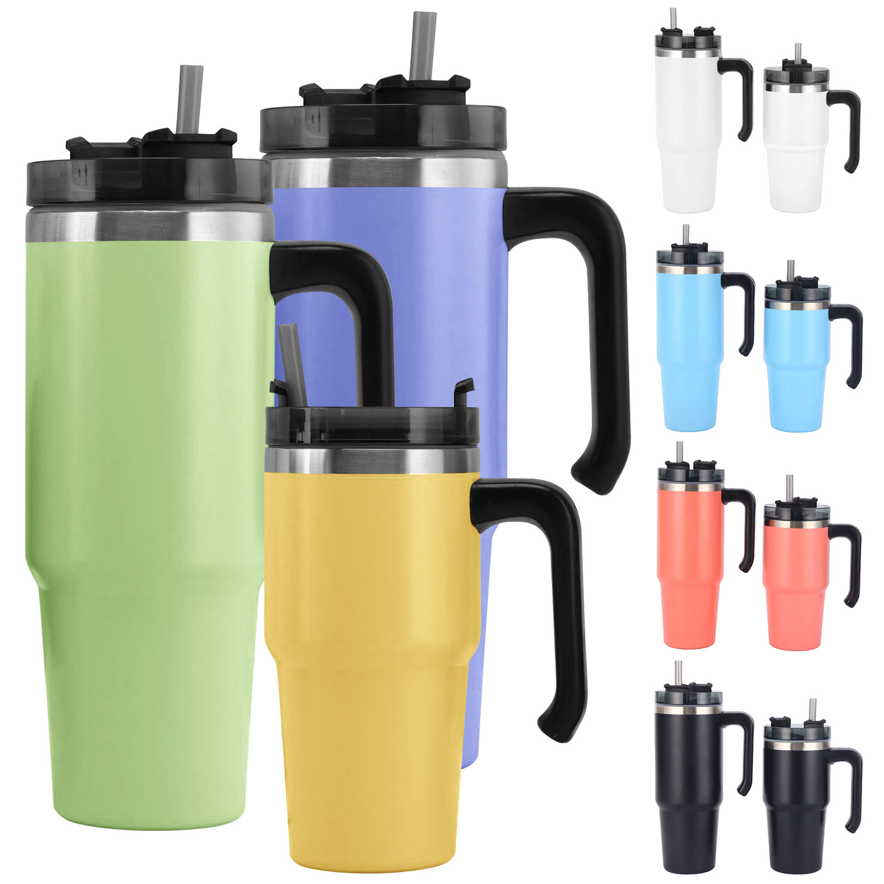 30oz Stainless Handle Mugs with Lids and Plastic Straws 1
