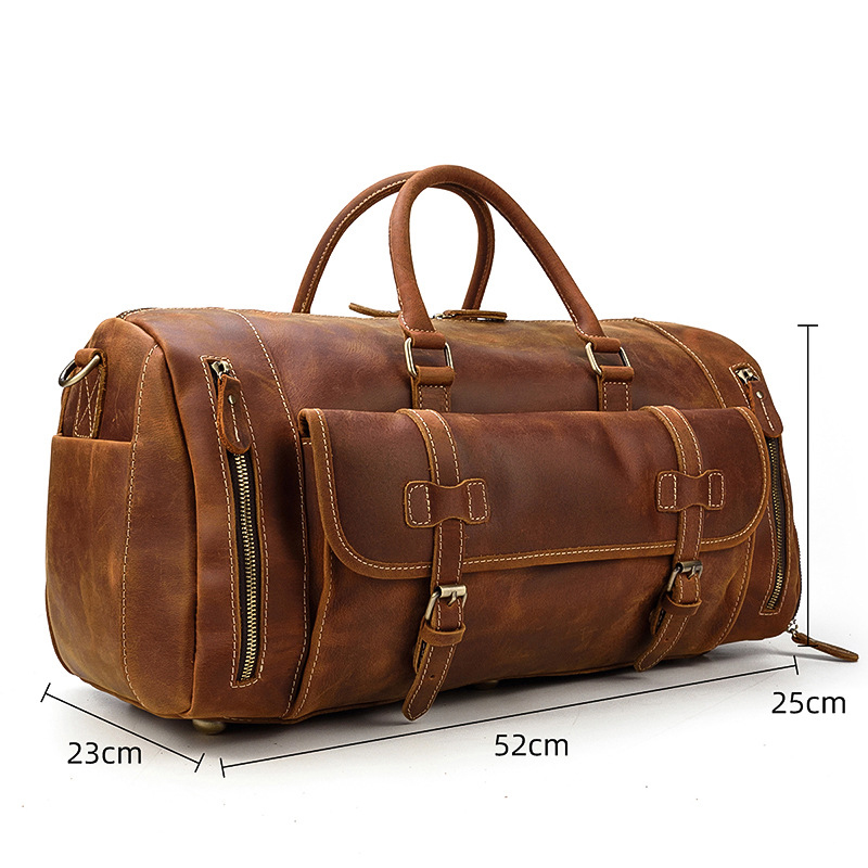 Mens Classic Gift Carry on Bag Leather Weekend Bag Full Grain Overnight Luggage YKK Zipper 3