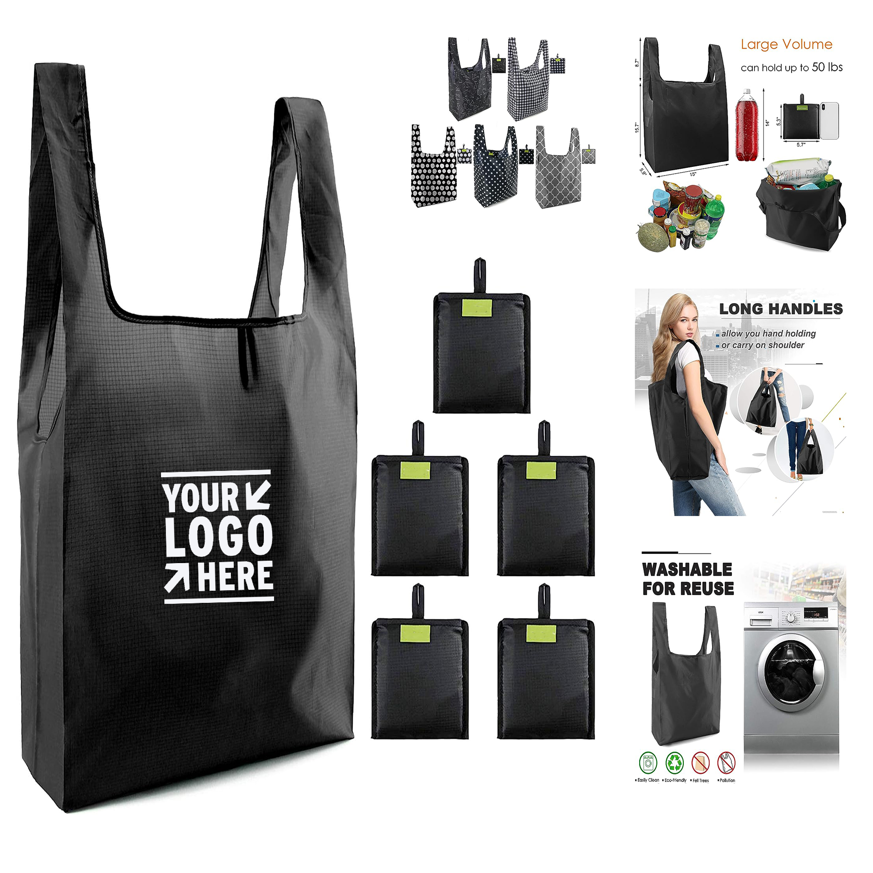 Machine Washable Attach Pocket Black Shopping Foldable Large Grocery Reusable Tote Bag