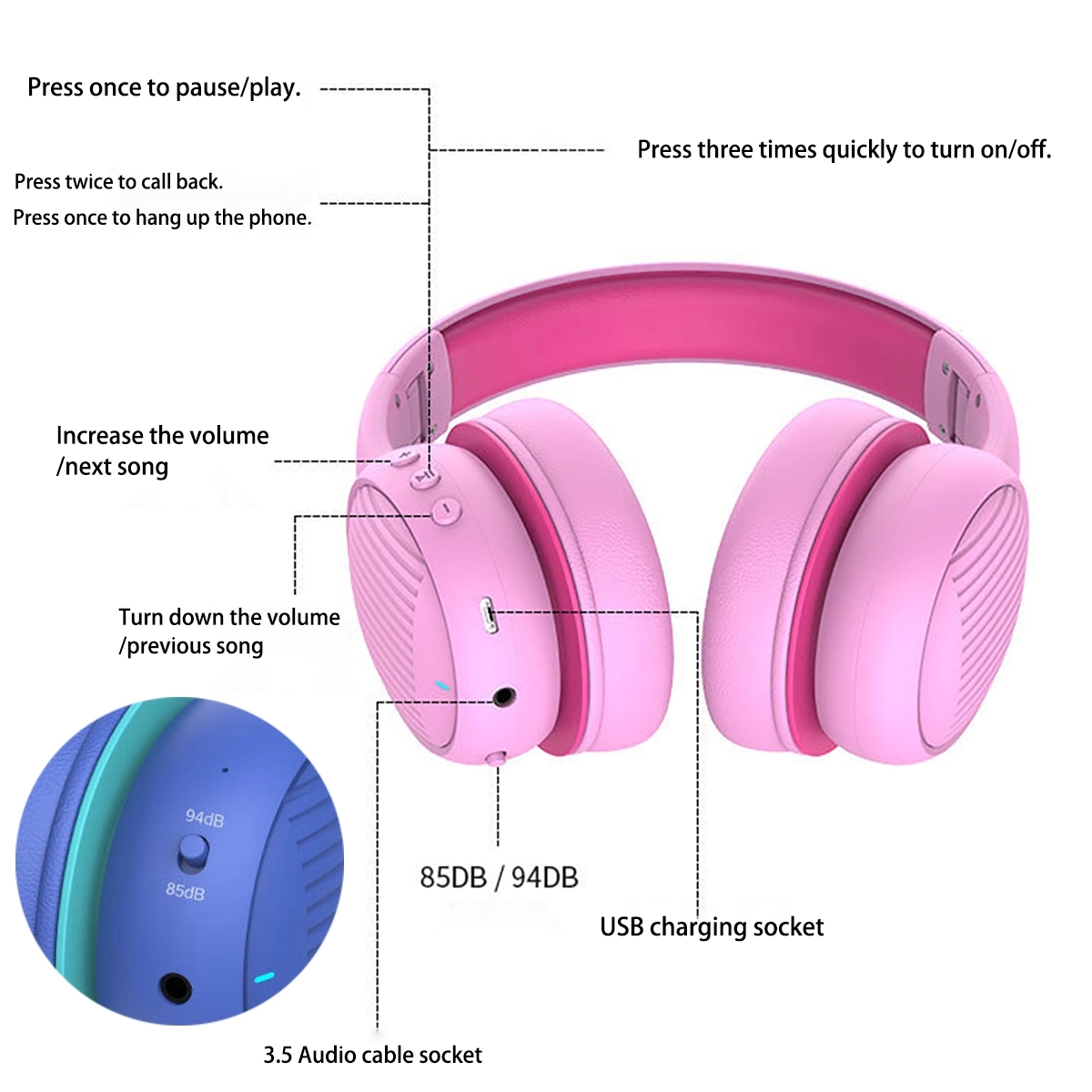 Headphones Bluetooth Wireless Kids Volume Limit 3