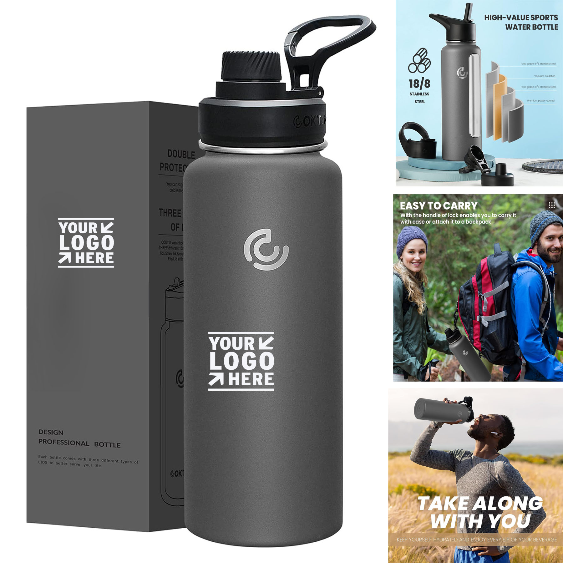 40 Oz Sports Travel Hiking Stainless Steel Vacuum Insulated Leakproof Water Bottle With Straw 3 Lids, custom water bottle with logo imprint 2