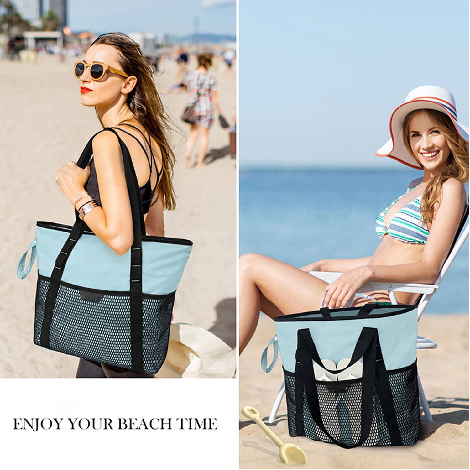 Nylon Zippered Sandproof Foldable Beach Tote Bag, custom tote bag with logo imprint 9