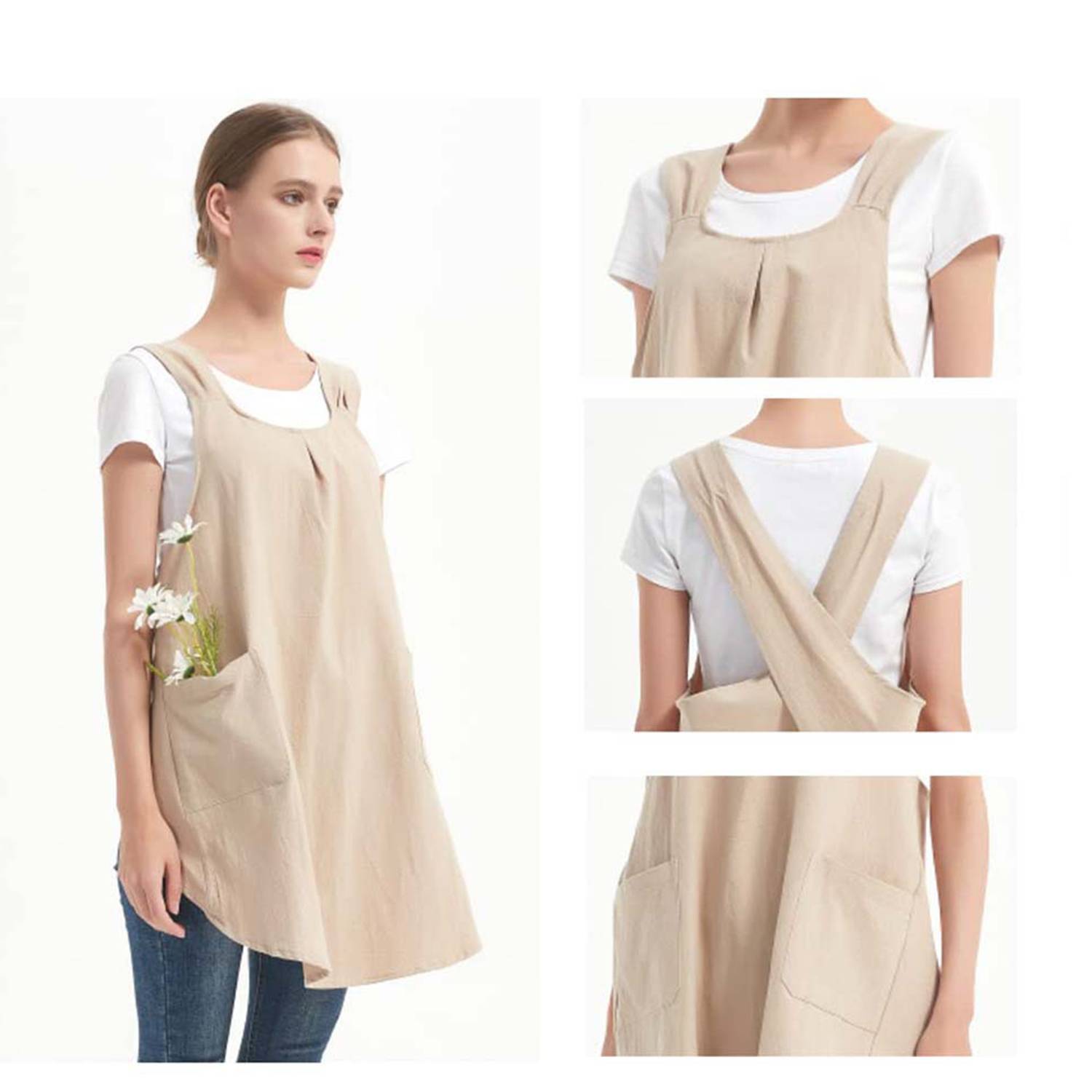 Linen Cotton Apron Cross-Back Straps Dual Pockets 10