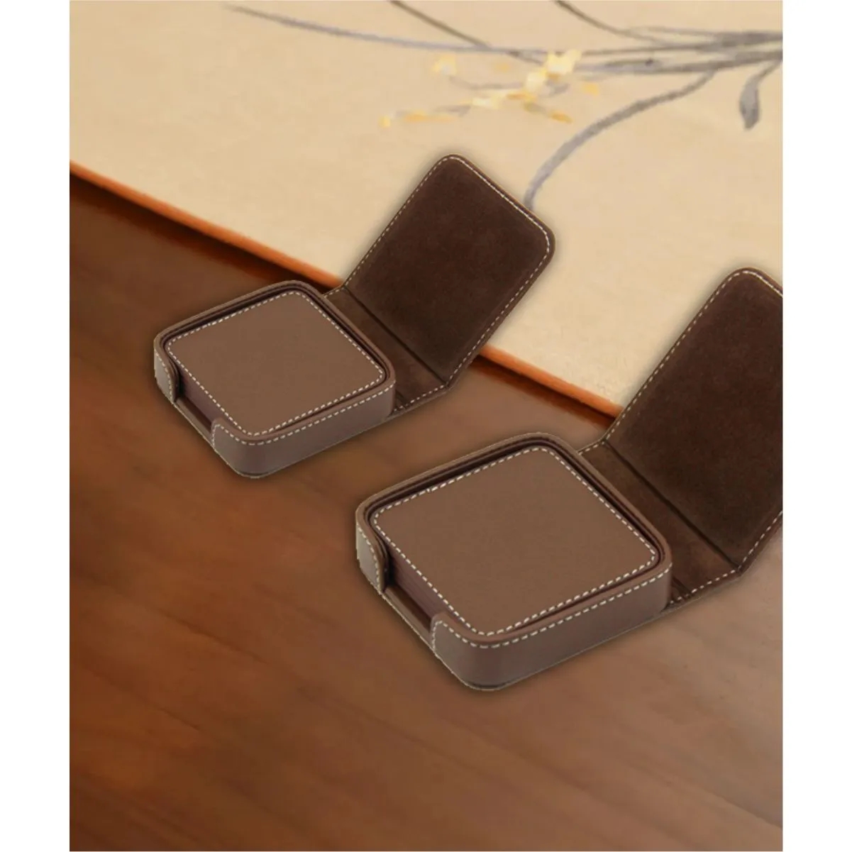PU Leather Square Coaster Set With Holder 2