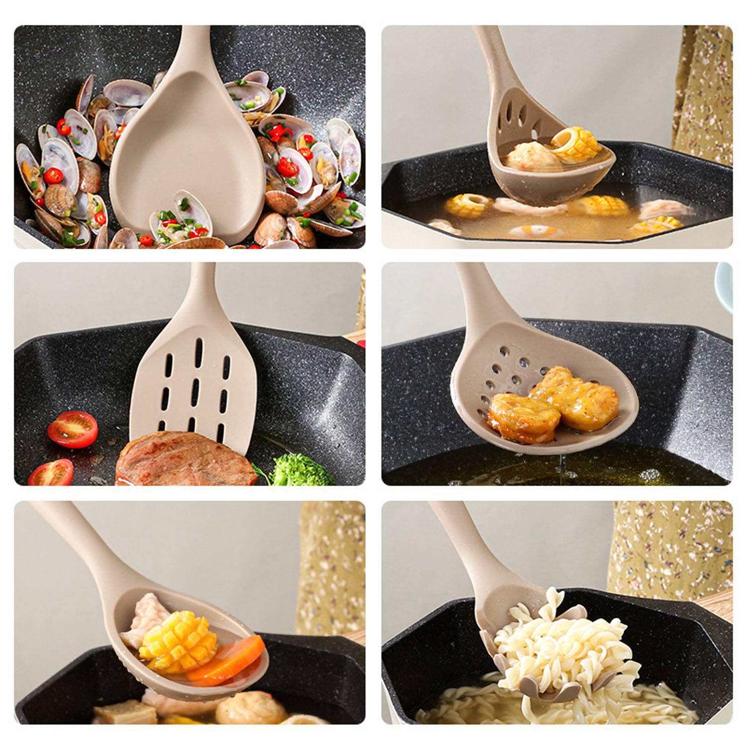 7Pcs Silicone Kitchen Utensils Set w/ Wooden Handle 12