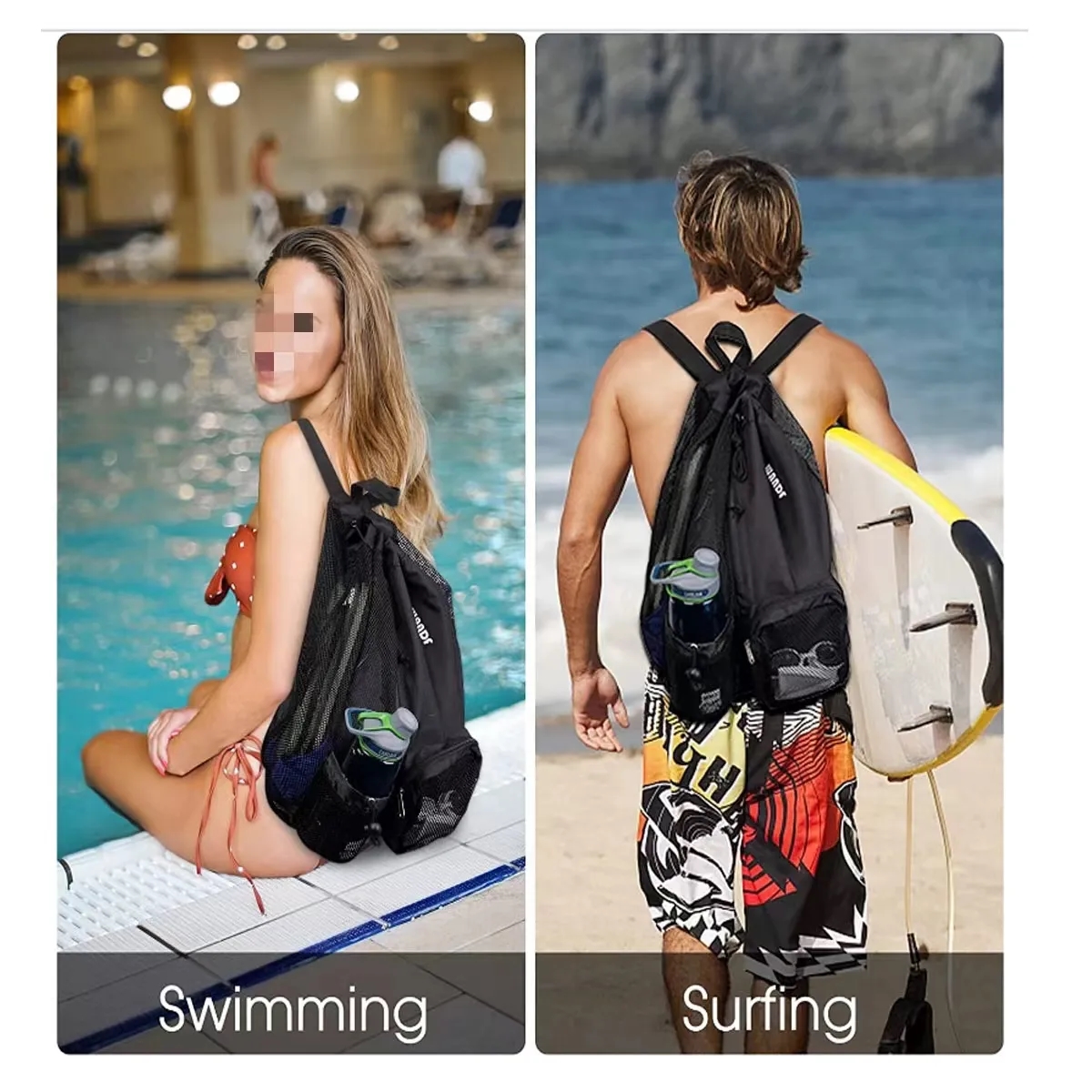 Wet and Dry Compartments Mesh Drawstring Swim Backpack 4