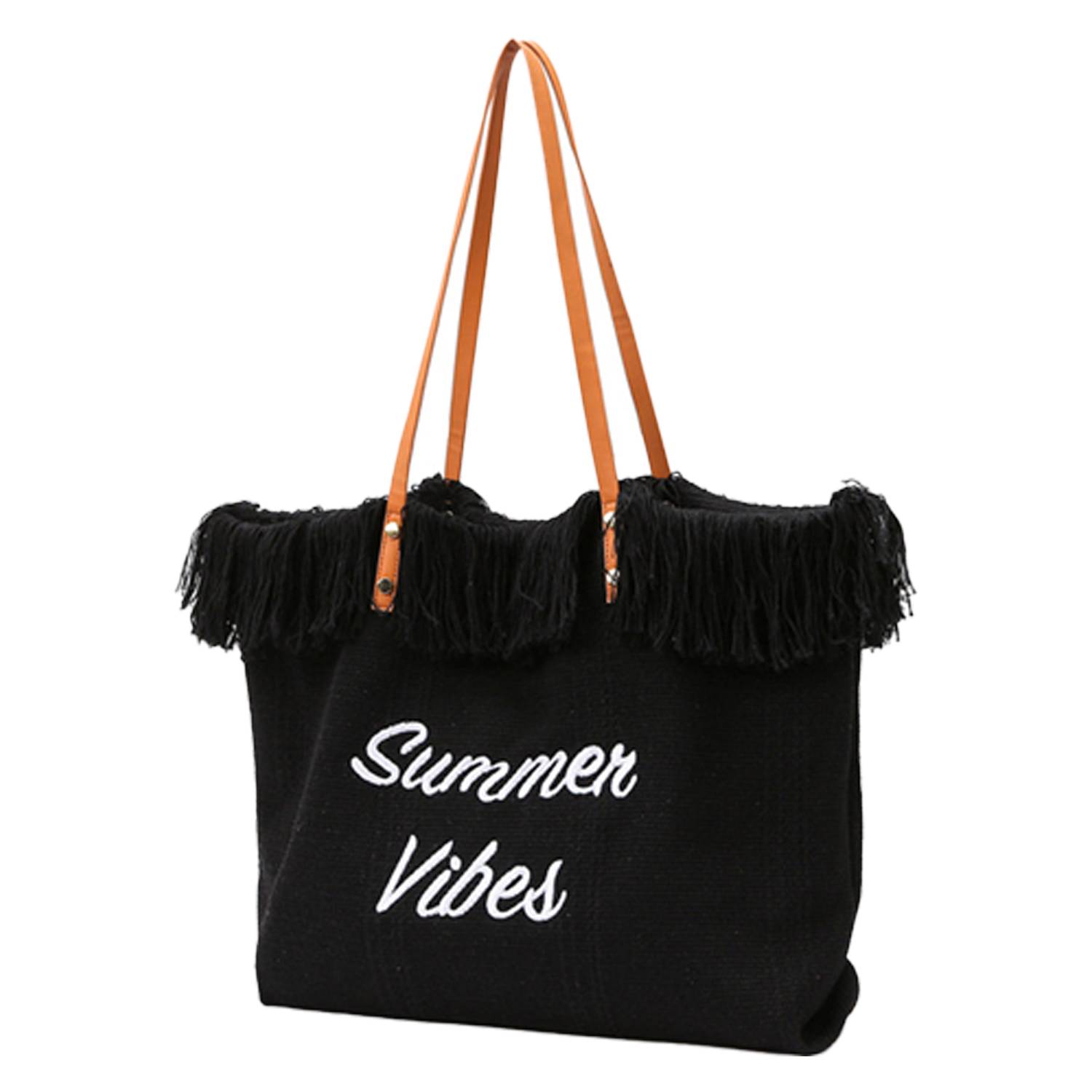Women Large Beach Canvas Tote Bag Summer Vibes Tassel 12
