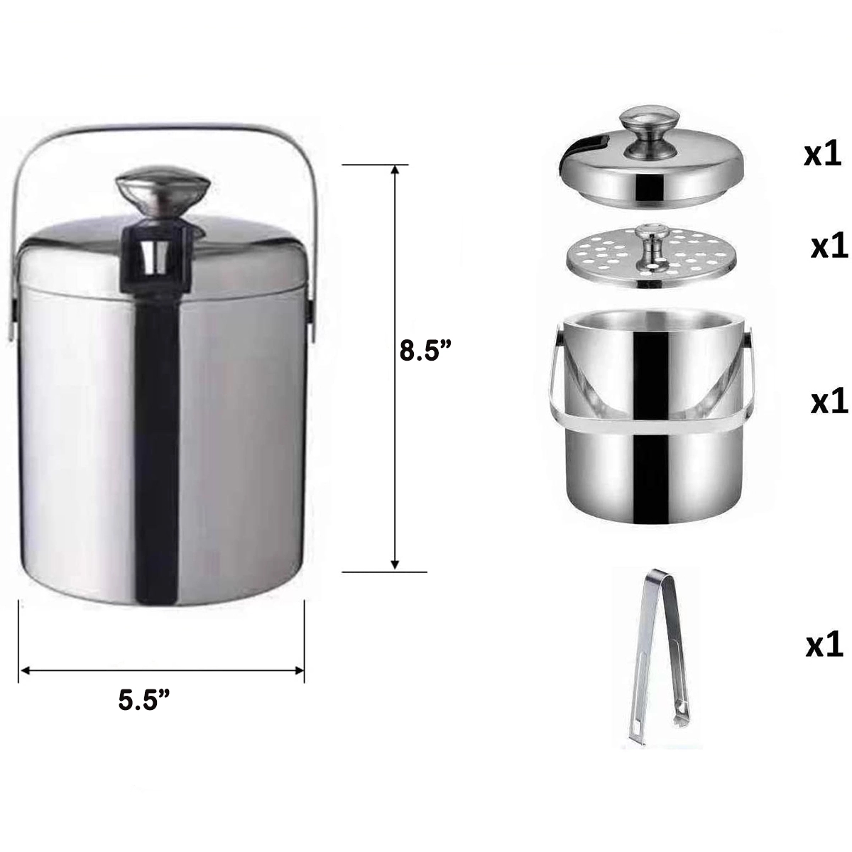 1.3L Stainless Steel Ice Bucket With Lid And Tongs 2