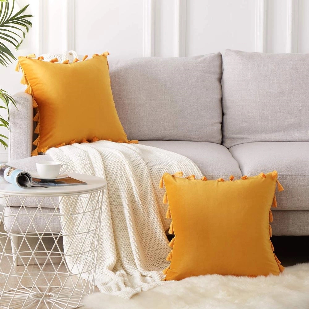 Soft Velvet Solid Square Throw Pillow With Tassels 2