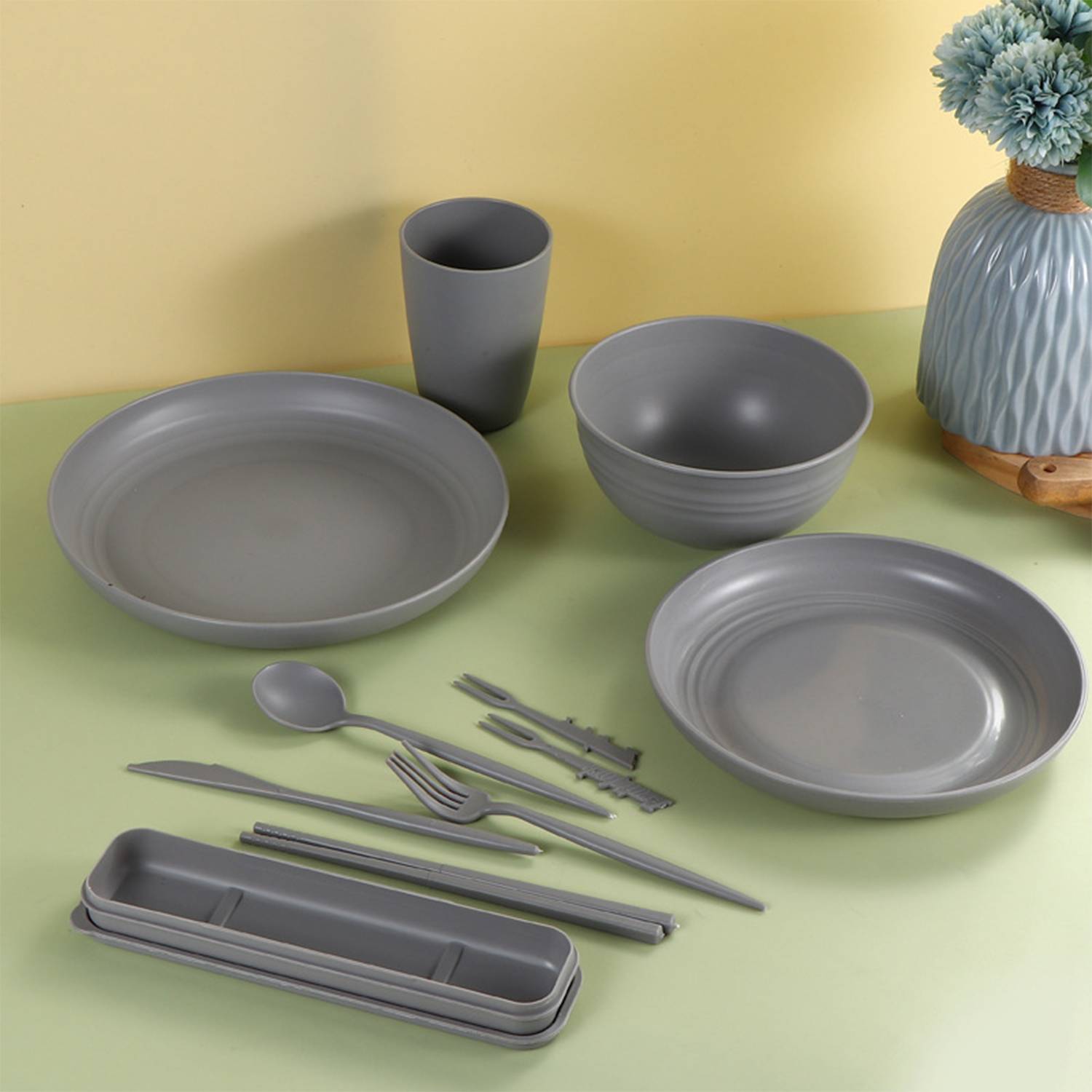 Wheat Straw Plate Bowl Cup Cutlery Set 4