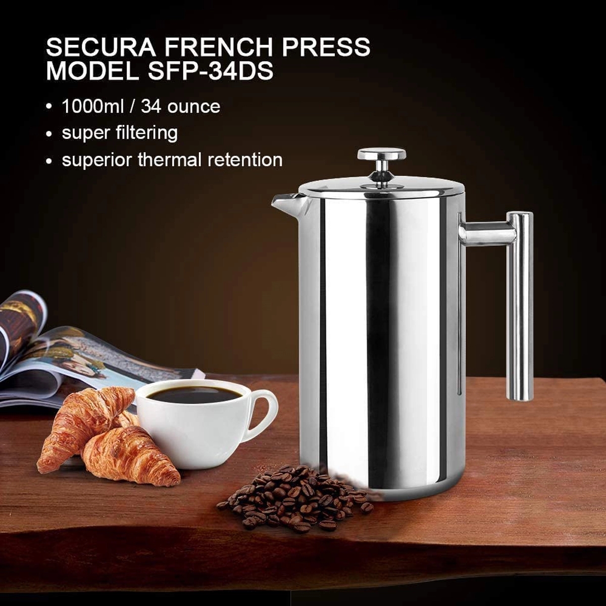 34Oz Stainless Steel French Press Coffee Maker 1