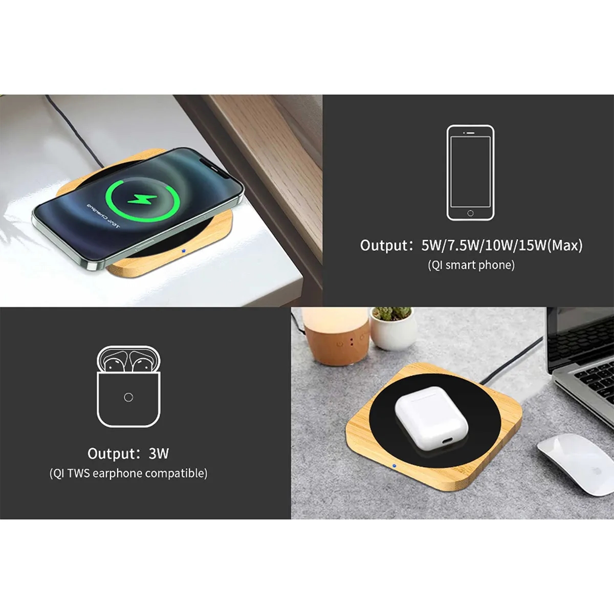 15W Light Up Logo Bamboo Portable Fast Wireless Charger 3