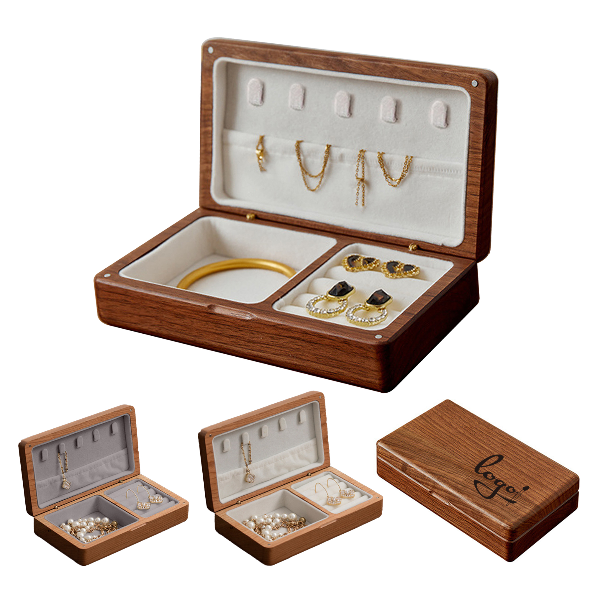 Natural Wood Jewelry Storage Box Velvet Lined Organizer 1